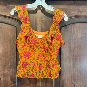 Veronica Beard Orange and Pink Floral Ruffle Blouse